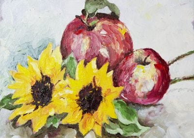 oil painting, Jeffrey M Levine MD, apples, sunflowers, oil painting