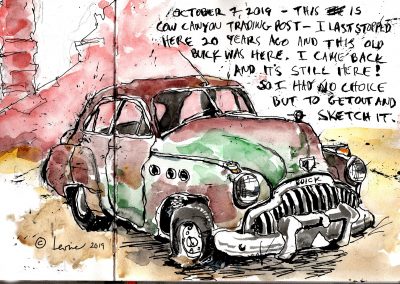 Bluff Utah, Red Rock Country, 1949 Buick Super, sketchbook, pen and ink
