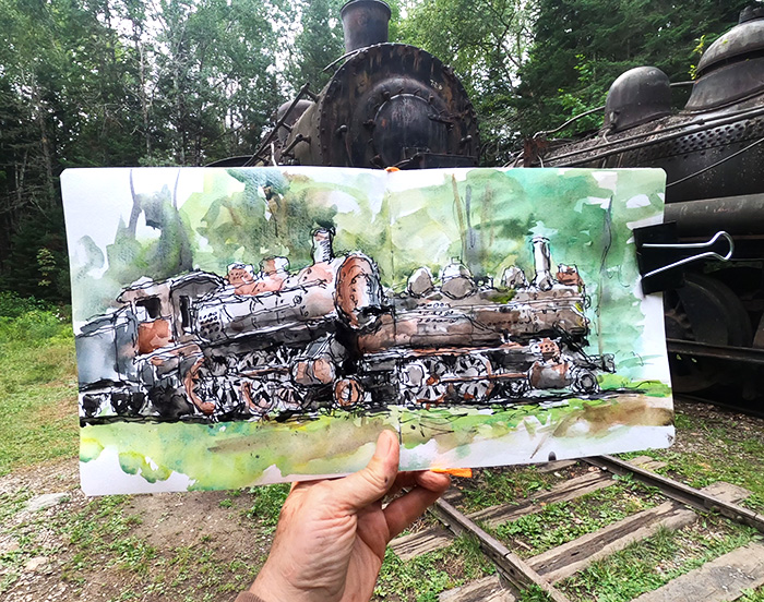 Sketching the abandoned steam locomotives of Maine