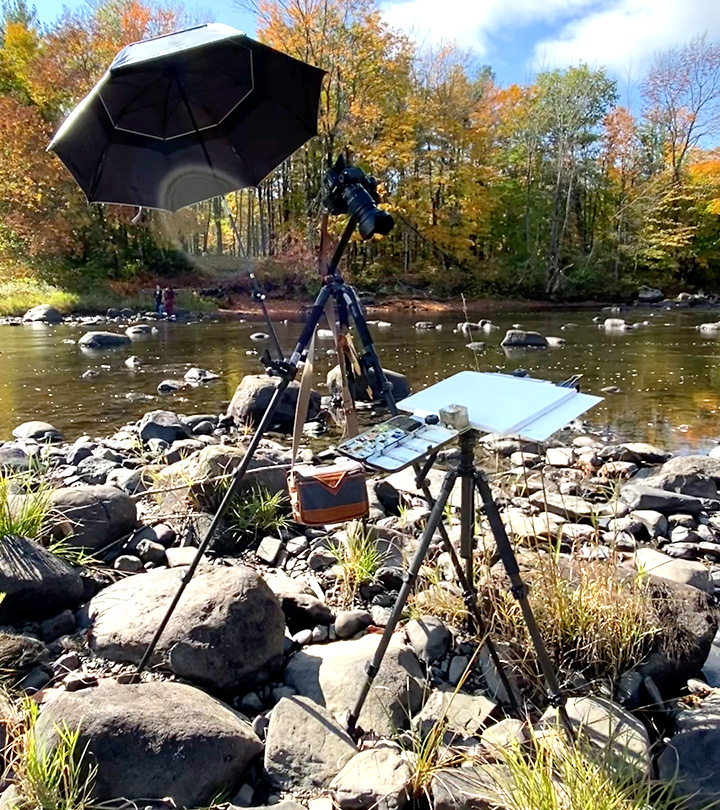 Video setup for plein air watercolor in Guilford, Maine