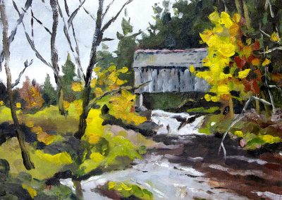 Plein air oil painting at covered bridge in the catskills
